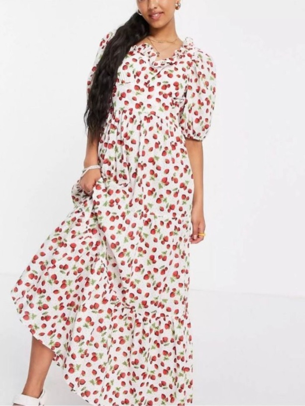 ASOS Puff Sleeve Strawberry Print Tiered Maxi Dress 12 Large - Picture 4 of 9